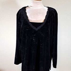 Elementz Women’s Top Plus Size 2X Black Velvet Swirl Glitter Lace V-Neck Dressy